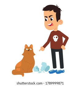 Boy Scolds The Cat For The Broken Vase. Vector Illustration