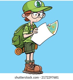 boy scout with a backpack on his back looks at a topographic map