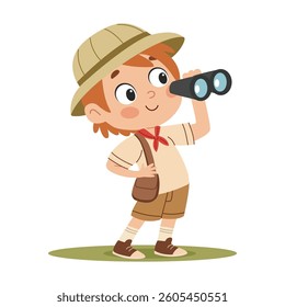 Boy scout with binoculars. Flat vector illustration in a simple children's style. on white background.
