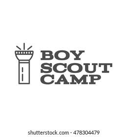 Boy scout camp logo design with typography and travel element - flashlight. Vector text. Hiking trail, backpacking symbols in monochrome design. Nice for prints, tee design.
