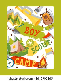 Boy scout camp typography poster, vector illustration. Summer adventure for school kids, camping brochure cover, booklet template. Scout camp invitation, fun activity advertisement poster or flyer
