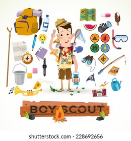 Boy Scout With Camping Equipment And Object  - Vector Illustration