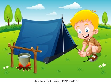 Boy scout camping with camping tent