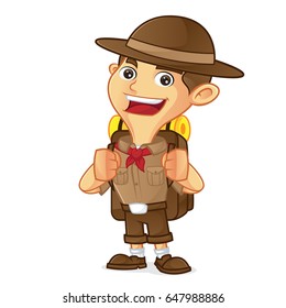 Boy scout cartoon carrying backpack isolated in white background