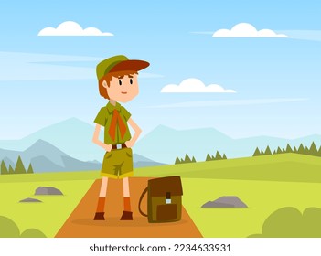 Boy Scout Cartoon Character in Khaki Costume Standing with Backpack Vector Illustration