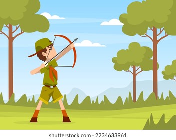 Boy Scout Cartoon Character in Khaki Costume Shooting with Bow and Arrow Vector Illustration