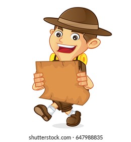 Boy scout cartoon holding a map isolated in white background