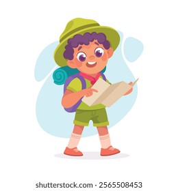 Boy Scout Character in Hat and Backpack Walk with Map Vector Illustration