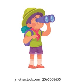 Boy Scout Character in Hat with Backpack Look Binoculars Vector Illustration