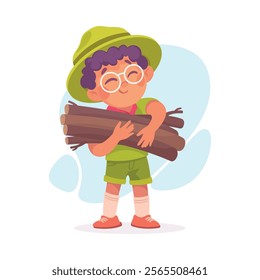 Boy Scout Character in Hat Carry Brushwood Vector Illustration