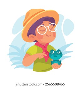 Boy Scout Character in Hat and Glasses Hold Frog Vector Illustration