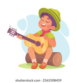 Boy Scout Character in Hat Sitting on Log Play Guitar Vector Illustration