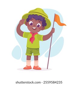 Boy Scout Character in Hat Stand with Flag Pole Vector Illustration