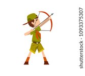 Boy scout character in uniform bow and an arrow, outdoor adventures and survival activity in camping vector Illustration on a white background