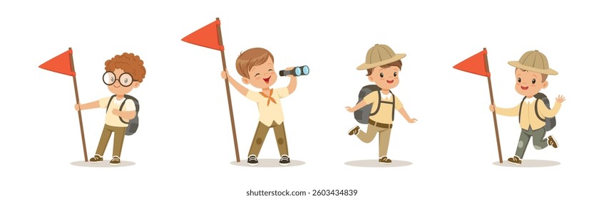 Boy Scout Character in Uniform Explore and Discover Vector Set