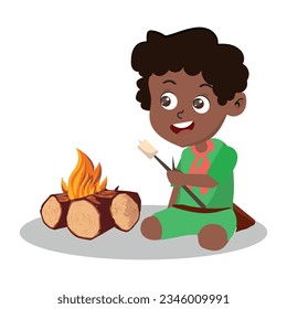 Boy scout character in uniform frying marshmallow on bonfire, outdoor adventures and survival activity in camping vector Illustration on a white background.