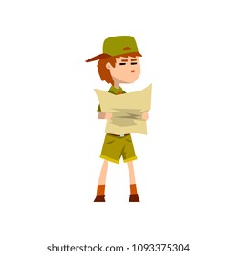 Boy scout character in uniform holding tourist map, outdoor adventures and survival activity in camping vector Illustration on a white background