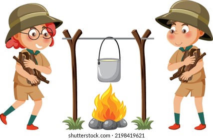 Boy scout cooking at campsite illustration