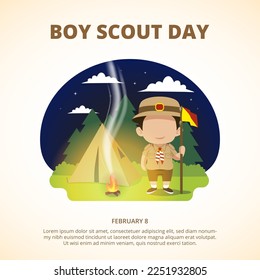 Antecedentes del día de exploradores con un niño scout en un campamento de verano nocturno