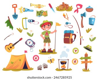 Pfadfinderausrüstung. Cartoon Boyscout Rucksack Icons, Outdoor Kochen Wald Camping Kleine Entdecker Bergreise Natur Expedition Kinderwandern, klassische Vektorillustration von Rucksack für Scout