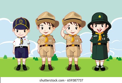 Boy Scout y Girl Guide llevan disfraz Scout como personajes de caricatura vectorial en el fondo del campo