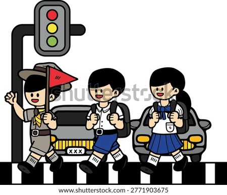 A boy scout is helping a school child cross the street
