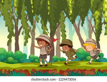 Boy scout hiking in nature illustration