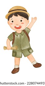 Boy scout with hiking suit hold map and wave the hand . Realistic watercolor paint with paper textured . Cartoon character design . Vector .