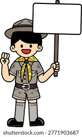 boy scout is holding a sign