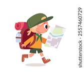 Boy scout isolated, walk by route vacation trip, young tourist traveling kid walking by pathway with travel bag backpacks and map. Travelers collection. Hiker traveler