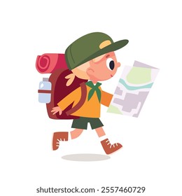 Boy scout isolated, walk by route vacation trip, young tourist traveling kid walking by pathway with travel bag backpacks and map. Travelers collection. Hiker traveler