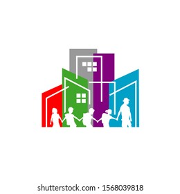 boy scout logo Vector Illustration. Young Boy and Girls Scout and Trainer doing camping in the city design template Isolated on a white background