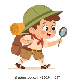 Boy scout with a magnifying glass and a backpack. Khaki Uniform. Flat vector illustration in a simple children's style.