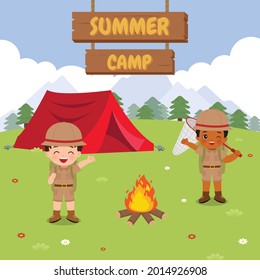 Boy scout in outdoor scene. Summer camp illustration. Flat vector cartoon design