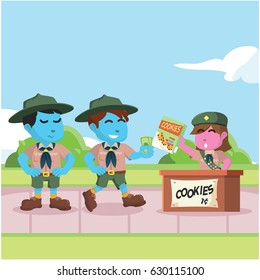 boy scout in queue to buy cookies