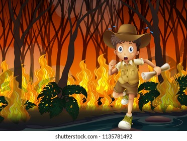 Boy Scout Running Away From Wildfire Illustration