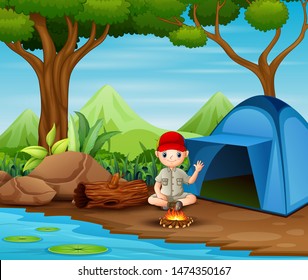Boy scout sitting at camping site illustration