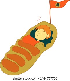 Boy scout sleeping in a sleeping bag. Vector illustration on white background.