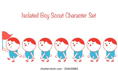 Boy Scout Troop Walking Cartoon Character Set. A Group Leader Holding And Waving Flag, Other Kids And Children Line Up In A Queue. Isolated Objects And Body Parts, Easy To Make Your Own Custom Poses.