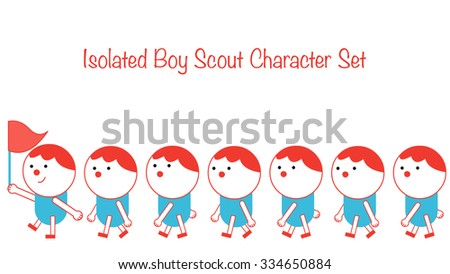 Boy scout troop walking cartoon character set. A group leader holding and waving flag, other kids and children line up in a queue. Isolated objects and body parts, easy to make your own custom poses.