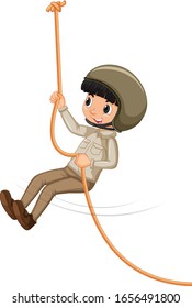 Boy in scout uniform climbing rope on white background illustration