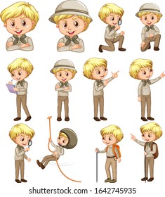 Boy in scout uniform doing different activities on white background illustration