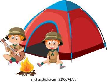 Boy scout in uniform playing guitar the camping tent illustration