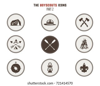 Boy Scouts Icons, Patches. Camping Stickers. Tent, Axe, Campfire, Compass And Others. Stock Vector Illustration Isolated On White Background. Part 2.