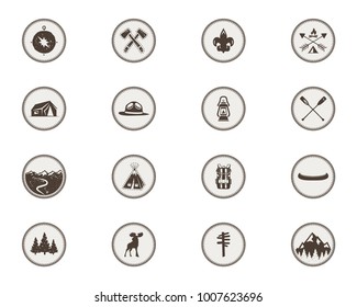 Boy scouts icons, patches. The full bundle. Camping stickers. Tent symbol, moose pictogram, backpack elements, canoe, mountains, and others. Stock vector stamps isolated on white background