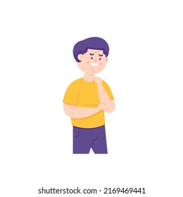 a boy scratched his hand because he felt itchy. itchy rash. symptoms of skin disease, chickenpox, prurigo, monkeypox, allergies. health problems and disease. cartoon character illustration design
