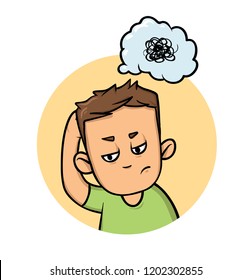 Boy Scratching His Head Trying To Remember Or Thinking Hard. Confusion, Memory Loss. Colorful Flat Design Icon. Flat Vector Illustration. Isolated On White Background.