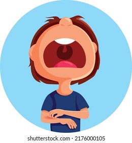 
Boy Screaming with Pain Having an Itchy Rash Vector Cartoon Illustration. Child suffering from Painful pruritus caused by an allergic reaction 
