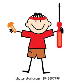 Boy with screwdriver and screw. Funny vector illustration.