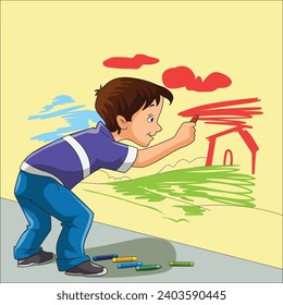 Boy scribbling on the wall vector illustration